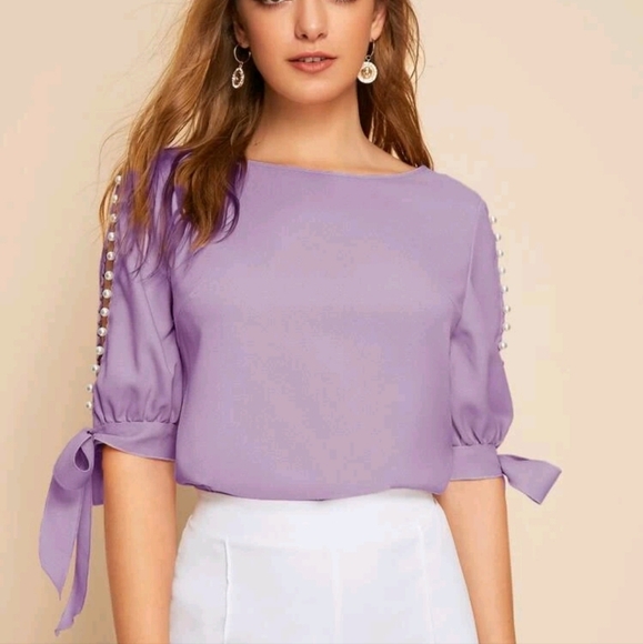 Pearl Beaded Split Sleeve Knot Cuff Top - Picture 3 of 4